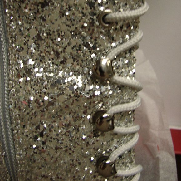 NIB NWOT Pleaser Knee Hi Delight 2020 Silver Glitter Boot Lace Up Inner Zip SZ 8 - Picture 7 of 16